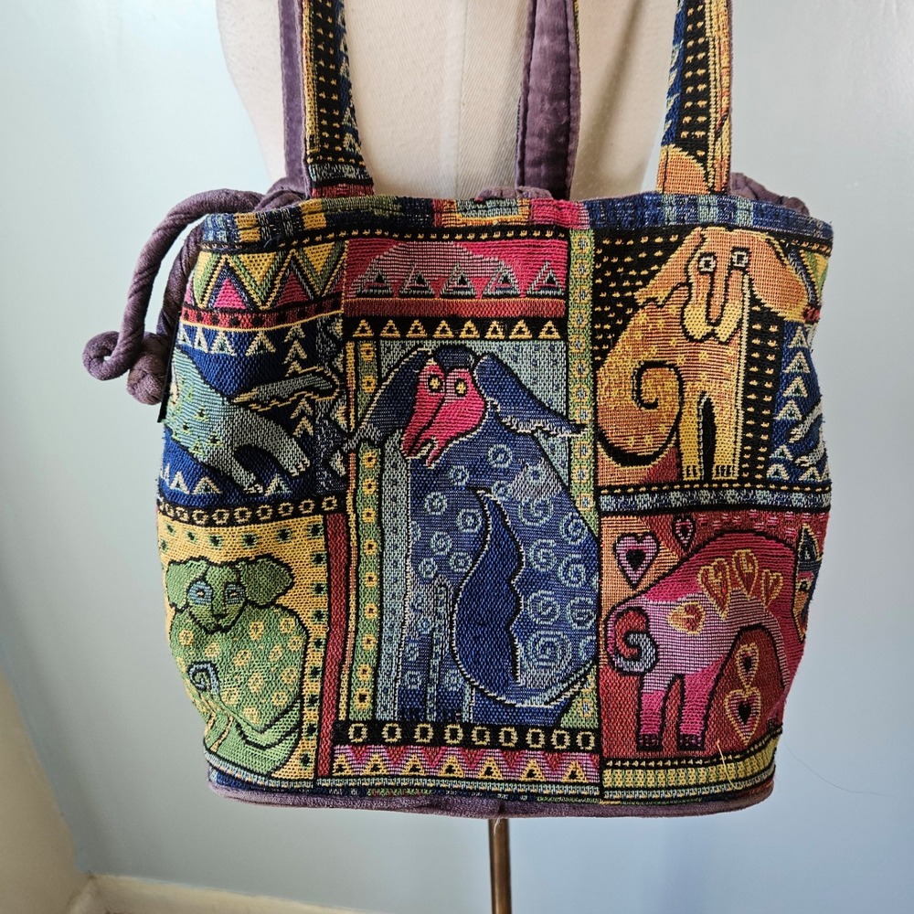 Vtg Laurel Burch Tapestry Tote Bucket Bag Dog Patchwork Sequin Beaded Drawstring - Picture 4 of 7